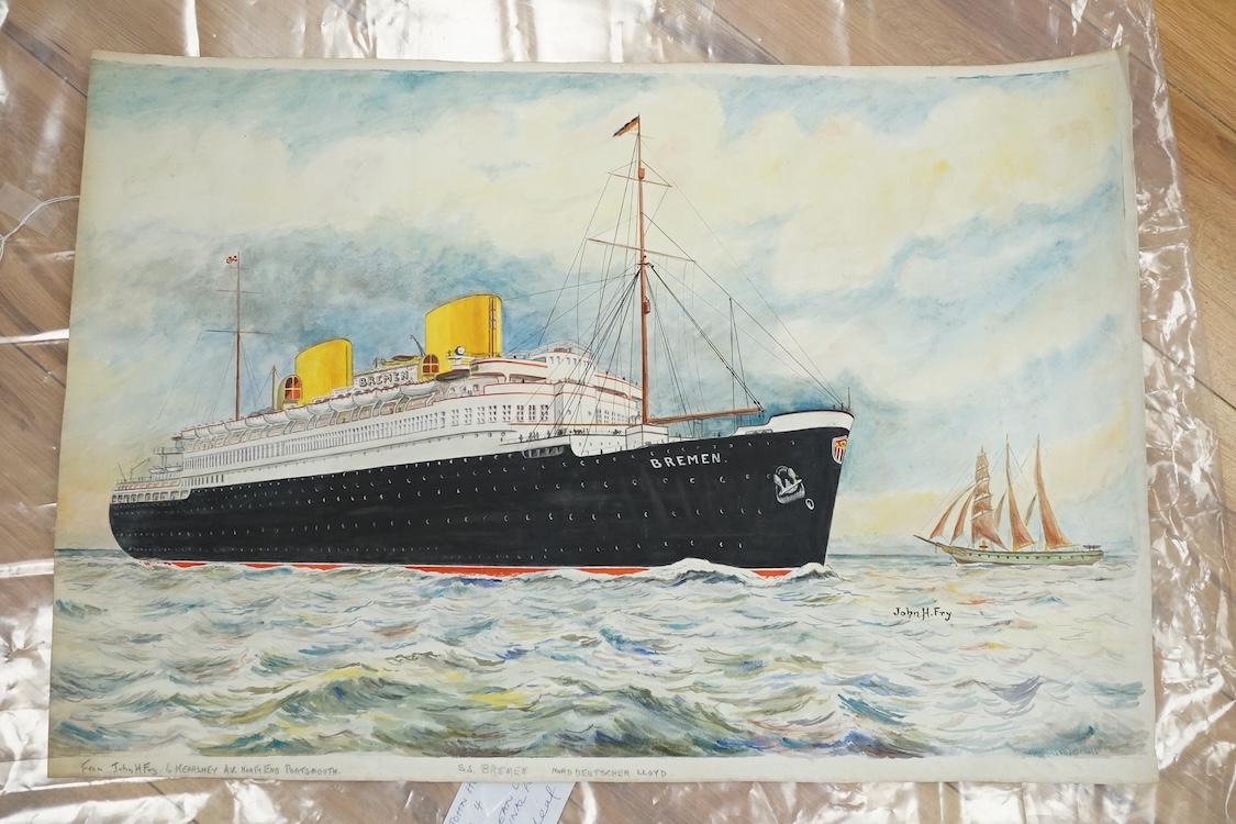 John Harold Fry (British, 1881-1941), set of eight original watercolours for postcard designs, ocean liners to include SS Resolute Hamburg American Line, SS Bremen Norddeutscher Lloyd Line and SS Atlantis Royal Mail Line